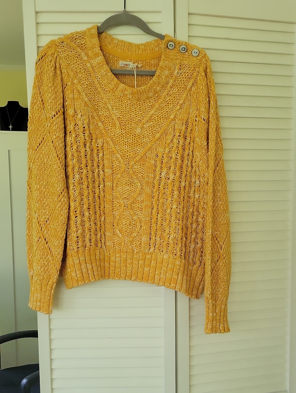 Faherty Golden Yellow Cable-Knit Button-Shoulder Sweater